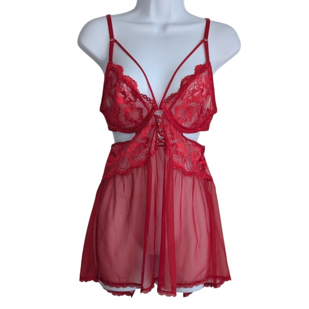 La Senza Large Red Sheer Mesh Lace‎ Strappy Bra Slip Nightie Lingerie